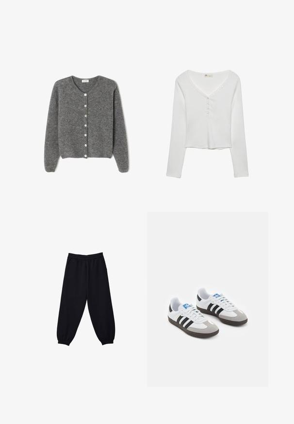Sivý vlnený kardigán s okrúhlym výstrihom, s vydaním sedem predných gombíkov a jemným, textúrovaným povrchom. Rukávy sú mierne voľné.; Biely dlhý rukáv s výstrihom do V, s detailmi na gombíky a rebrovanou textúrou, navrhnutý pre uvoľnený strih.; Čierne tepláky s elastickým pásom, sťahovacími členkami a bočnými vreckami. Mäkká tkanina s hladkým povrchom a voľným strihom.; Športové topánky s bielym koženým zvrškom, šedou semišovou špičkou a tromi čiernymi pruhmi. Obsahujú modré logo na jazyku a štruktúrovanú gumovú podrážku.