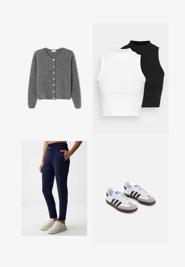 Grijze wollen cardigan met een ronde halslijn, voorzien van zeven knopen aan de voorkant en een zachte, gestructureerde afwerking. De mouwen zijn iets los.; Twee mouwloze ribgebreide coltruien in zwart en wit, met een slim fit ontwerp en een gladde textuur, met een cropped lengte.; Navyblauwe slim-fit broek van zachte stof, met een tailleband met trekkoord en gouden accenten, en zijzakken. Draagt witte sneakers.; Sportschoenen met een witte leren bovenkant, grijze suède neus en drie zwarte strepen. Bevat een blauw logo op de tong en een gestructureerde rubberen zool.