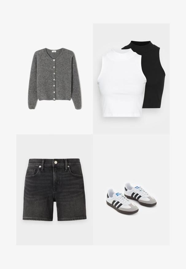 Šedý vlněný kardigan s kulatým výstřihem, který má sedm předních knoflíků a měkký, texturovaný povrch. Rukávy jsou mírně volné.; Dvě bezrukávové halenky s ribovým stojáčkem v černé a bílé barvě, které mají přiléhavý střih a hladkou texturu, s krácenou délkou.; Černé džíny šortky s klasickým pětikapesním designem, mají přední zapínání na knoflík a jemné vyblednutí pro texturu.; Sportovní boty s bílým koženým svrškem, šedou semišovou špičkou a třemi černými pruhy. Obsahují modré logo na jazyku a texturovanou gumovou podrážku.
