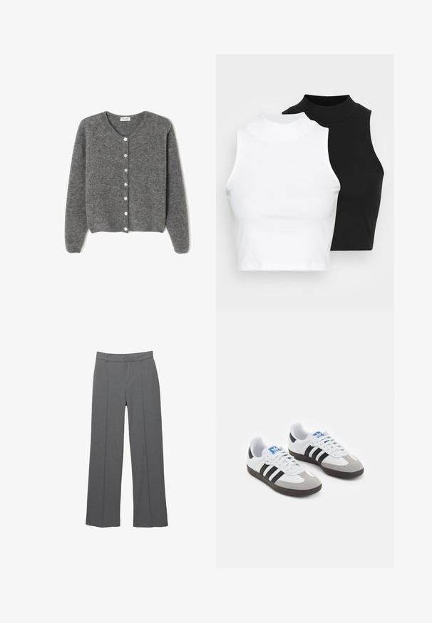 Grijze wollen cardigan met een ronde halslijn, voorzien van zeven knopen aan de voorkant en een zachte, gestructureerde afwerking. De mouwen zijn iets los.; Twee mouwloze ribgebreide coltruien in zwart en wit, met een slim fit ontwerp en een gladde textuur, met een cropped lengte.; Grijze broek met wijde pijpen van een gestructureerde stof, met een geplooide voorkant, twee verticale plooien en een standaard tailleband.; Sportschoenen met een witte leren bovenkant, grijze suède neus en drie zwarte strepen. Bevat een blauw logo op de tong en een gestructureerde rubberen zool.