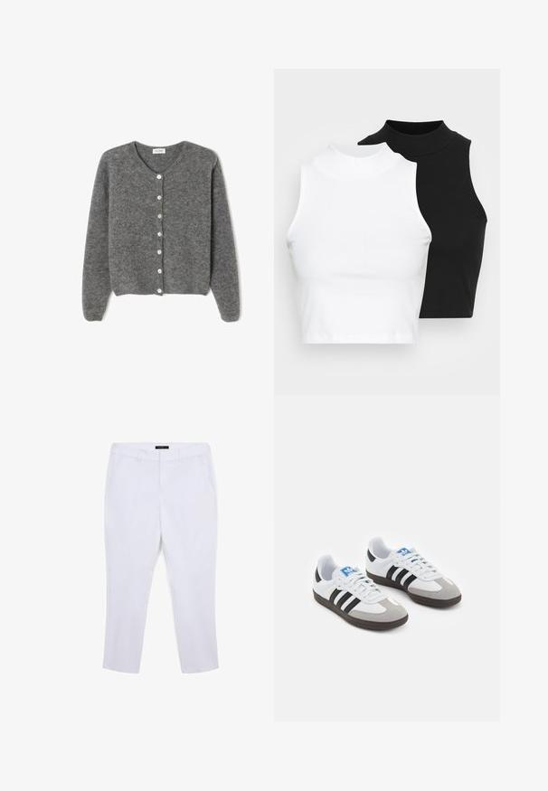 Cardigan en laine grise avec un col rond, comportant sept boutons sur le devant et une finition douce et texturée. Les manches sont légèrement amples.; Deux hauts sans manches en maille côtelée, en noir et blanc, dotés d'un design ajusté et d'une texture lisse, avec une longueur courte.; Pantalons blancs ajustés avec une texture lisse, dotés de deux poches latérales et d'un design à jambes droites. Taille ajustée sans détails matériels visibles.; Baskets avec une tige en cuir blanc, un bout en daim gris et trois bandes noires. Présente un logo bleu sur la languette et une semelle en caoutchouc texturée.