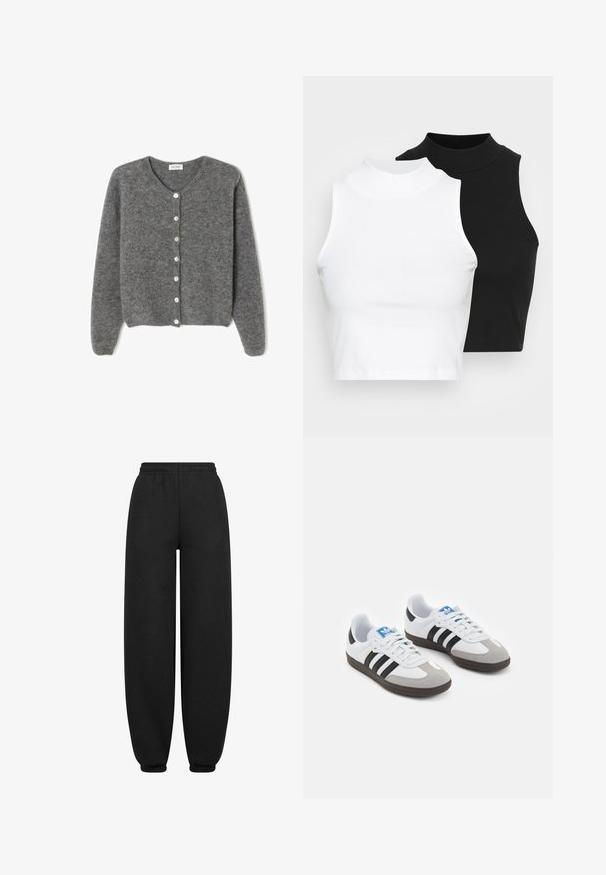 Sivi vuneni kardigan s okruglim izrezom, sa sedam prednjih dugmadi i mekim, teksturiranim završetkom. Rukavi su blago široki.; Dvije bezrukavne rebraste majice s visokim ovratnikom u crnoj i bijeloj boji, s prilagođenim dizajnom i glatkom teksturom, te skraćenom dužinom.; Crne trenirke s opuštenim krojem, elastičnim pojasom i suženim manžetama. Izrađene su od mekog, glatkog materijala bez vidljivih uzoraka.; Sportske cipele s gornjištem od bijele kože, sivi suedinasti nos i tri crne pruge. Imaju plavi logo na jeziku i teksturiranu gumenu podlogu.
