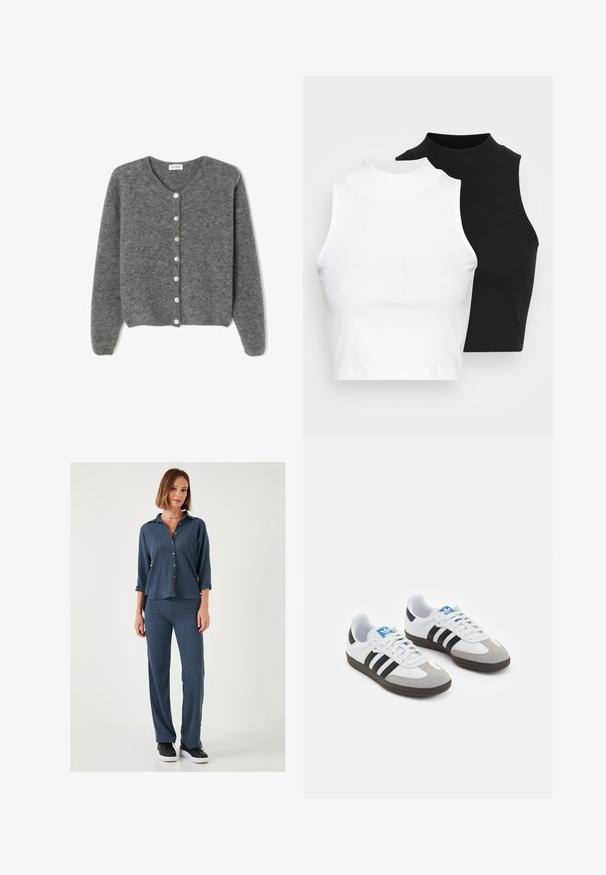 Grau gestrickte Wolle-Cardigan mit rundem Ausschnitt, ausgestattet mit sieben Vorderknöpfen und einer weichen, strukturierten Oberfläche. Die Ärmel sind leicht weit.; Zwei ärmellose, gerippte Rollkragenoberteile in Schwarz und Weiß, mit einer figurbetonten Passform und glatter Textur sowie einer cropped Länge.; Zweiteiliges Outfit bestehend aus einem strukturierten, dunkelblauen Hemd mit Knöpfen und aufgerollten Ärmeln sowie passenden, engen Hosen. Schwarze Sneaker runden den Look ab.; Sportschuhe mit einem Obermaterial aus weißem Leder, grauer Wildleder-Zehenkappe und drei schwarzen Streifen. Sie verfügen über ein blaues Logo auf der Zunge und eine strukturierte Gummisohle.