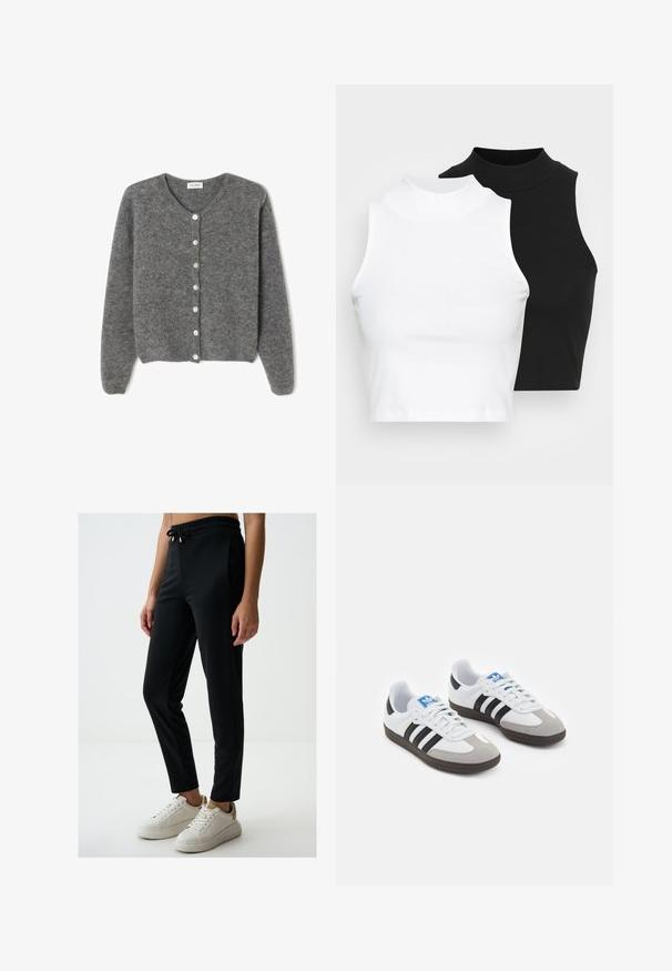 Grau gestrickte Wolle-Cardigan mit rundem Ausschnitt, ausgestattet mit sieben Vorderknöpfen und einer weichen, strukturierten Oberfläche. Die Ärmel sind leicht weit.; Zwei ärmellose, gerippte Rollkragenoberteile in Schwarz und Weiß, mit einer figurbetonten Passform und glatter Textur sowie einer cropped Länge.; Schwarze Sporthose mit Kordelzugbund, enganliegendem Schnitt, glatter Textur und Seitentaschen, getragen mit weißen Turnschuhen.; Sportschuhe mit einem Obermaterial aus weißem Leder, grauer Wildleder-Zehenkappe und drei schwarzen Streifen. Sie verfügen über ein blaues Logo auf der Zunge und eine strukturierte Gummisohle.