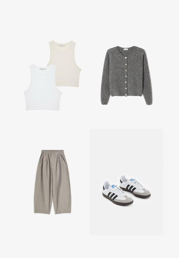 Grå ullcardigan med rund halsringning, som har sju framknappar och en mjuk, strukturerad yta. Ärmarna är något lösa.; Två ribbade croptoppar, en i vitt och den andra i ljusbeige, med breda ärmhål och en rund halsringning. Båda har en enkel design.; Grå, vida byxor i mjukt tyg, med resårmidja och två sidofickor, med en ren, minimalistisk design.; Sportskor med överdel i vit läder, grå mocka på tårna och tre svarta ränder. Har en blå logotyp på tungan och en texturerad gummisula.