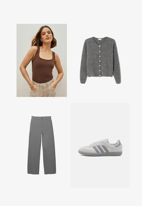 Cardigan grigio in lana con scollo rotondo, caratterizzato da sette bottoni frontali e una finitura morbida e testurizzata. Le maniche sono leggermente ampie.; Body senza maniche marrone con scollatura quadrata, realizzato in tessuto morbido, abbinato a pantaloni beige chiaro a vita alta. Design semplice.; Pantaloni a gamba larga grigio chiaro con tessuto liscio e strutturato, caratterizzati da una chiusura frontale con bottoni e passanti per cintura in vita.; Sneakers bianchi in pelle con tre strisce grigie, punta rotonda, dettagli grigi sul tallone e suola in gomma testurizzata.