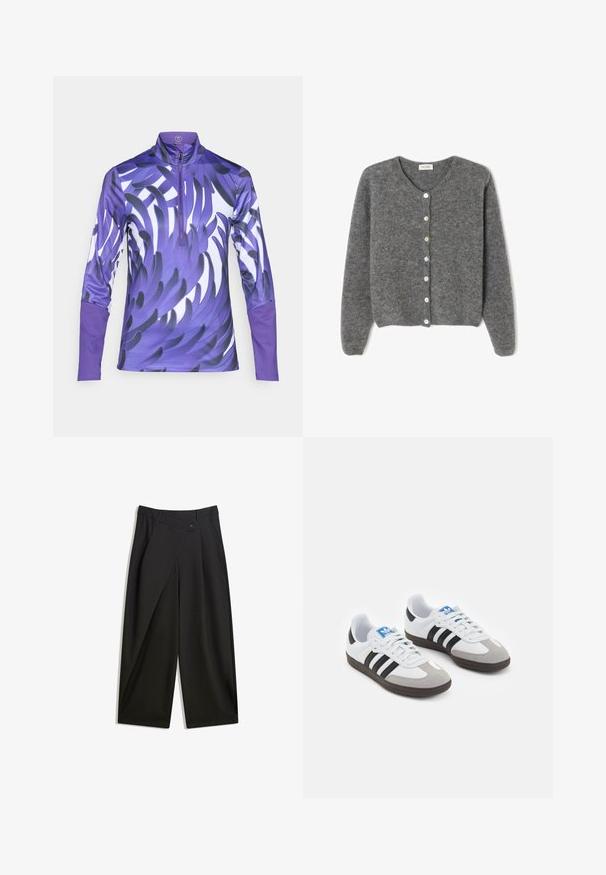 Sivý vlnený kardigán s okrúhlym výstrihom, s vydaním sedem predných gombíkov a jemným, textúrovaným povrchom. Rukávy sú mierne voľné.; Dlhý rukáv športového trička v purpurovej farbe s dizajnom na zips. Tkanina má lesklý povrch a dynamický vzor pripomínajúci listy v rôznych odtieňoch purpurovej.; Čierne široké nohavice vyrobené z hladkého materiálu. Obsahujú predný záhyb, zapínanie na gombík a prispôsobený pás pre elegantný strih.; Športové topánky s bielym koženým zvrškom, šedou semišovou špičkou a tromi čiernymi pruhmi. Obsahujú modré logo na jazyku a štruktúrovanú gumovú podrážku.