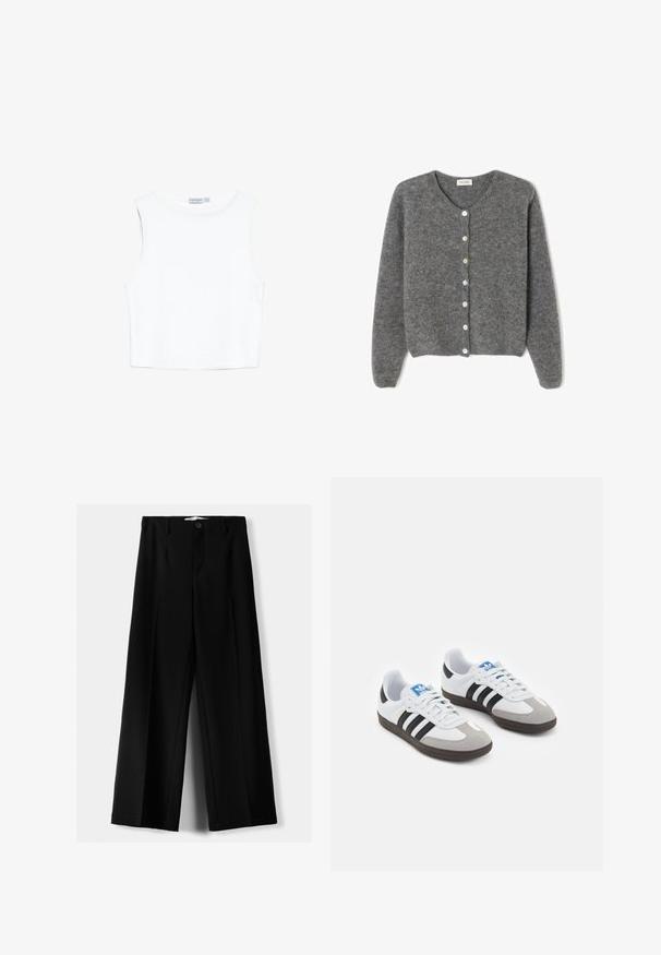 Grå ullcardigan med rund halsringning, som har sju framknappar och en mjuk, strukturerad yta. Ärmarna är något lösa.; Vit, ärmlös crop top i ett mjukt och stretchigt material; har en rund halsringning och en rak nederdel. Ren, enkel design.; Svarta vida byxor i lätt material, med knappstängning fram och platt front, samt väl sydda fållar.; Sportskor med överdel i vit läder, grå mocka på tårna och tre svarta ränder. Har en blå logotyp på tungan och en texturerad gummisula.