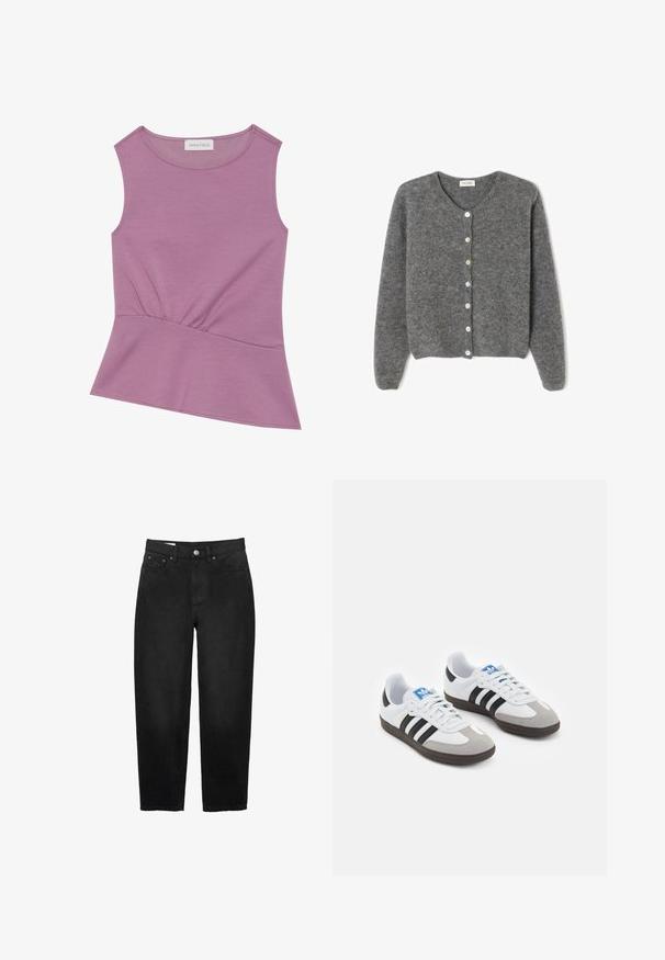Grau gestrickte Wolle-Cardigan mit rundem Ausschnitt, ausgestattet mit sieben Vorderknöpfen und einer weichen, strukturierten Oberfläche. Die Ärmel sind leicht weit.; Ärmelloses lila Oberteil mit Rundhalsausschnitt und Raffung an der Taille, das am Saum leicht ausgestellt ist.; Schwarze Jeans aus Denim mit geradem Bein, fünf Taschen-Stil und Knopfverschluss. Mit rohem Saum und leicht strukturiertem Stoff.; Sportschuhe mit einem Obermaterial aus weißem Leder, grauer Wildleder-Zehenkappe und drei schwarzen Streifen. Sie verfügen über ein blaues Logo auf der Zunge und eine strukturierte Gummisohle.