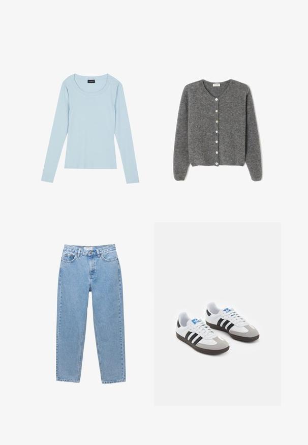 Harmaa villaneule, jossa on pyöreä kaula-aukko, seitsemällä etunapilla ja pehmeällä, teksturoidulla pinnalla. Hihat ovat hieman löysät.; Vaaleansininen pitkähihainen ribbipaita, jossa on pyöreä kaula-aukko ja slim fit -muotoilu. Pehmeä rakenne, jossa on hillittömiä pystysuoria kuvioita.; Vaaleansiniset farkut, joissa on suora lahje, viisi taskua ja napitus. Ominaisuuksiin kuuluu hieno kuluminen ja klassinen ilme.; Urheilukengät, joissa on valkoinen nahkainen päällinen, harmaa mokkanokka ja kolme mustaa raitaa. Ominaisuuksina sininen logo kielekkeessä ja kuvioitu kumipohja.