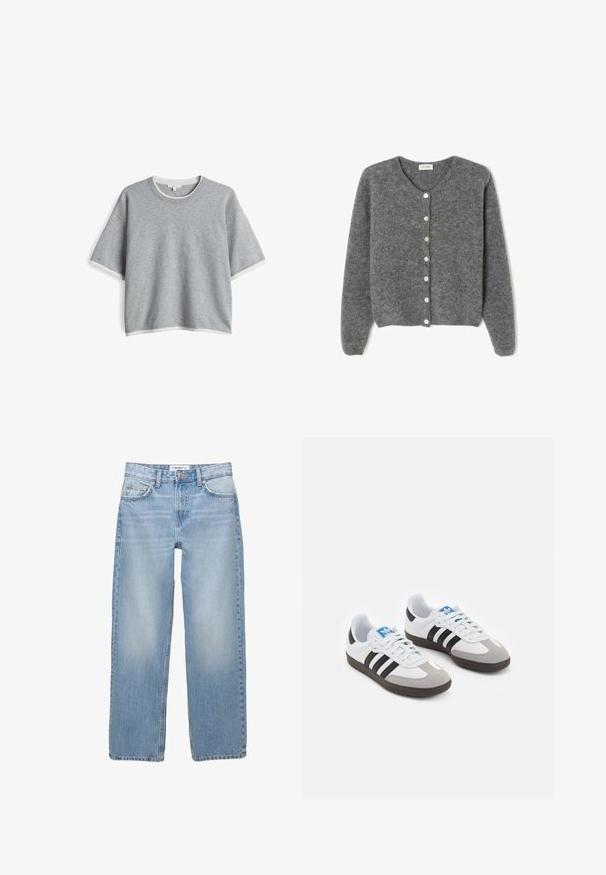 Grijze wollen cardigan met een ronde halslijn, voorzien van zeven knopen aan de voorkant en een zachte, gestructureerde afwerking. De mouwen zijn iets los.; OPUS BOXY FIT LAYERING LOOK - Trui - hazy fog melange; Lichtblauwe denim jeans met een recht model, vijf zakken en zichtbare stiksels. De stof heeft een zachte, iets vervaagde textuur.; Sportschoenen met een witte leren bovenkant, grijze suède neus en drie zwarte strepen. Bevat een blauw logo op de tong en een gestructureerde rubberen zool.