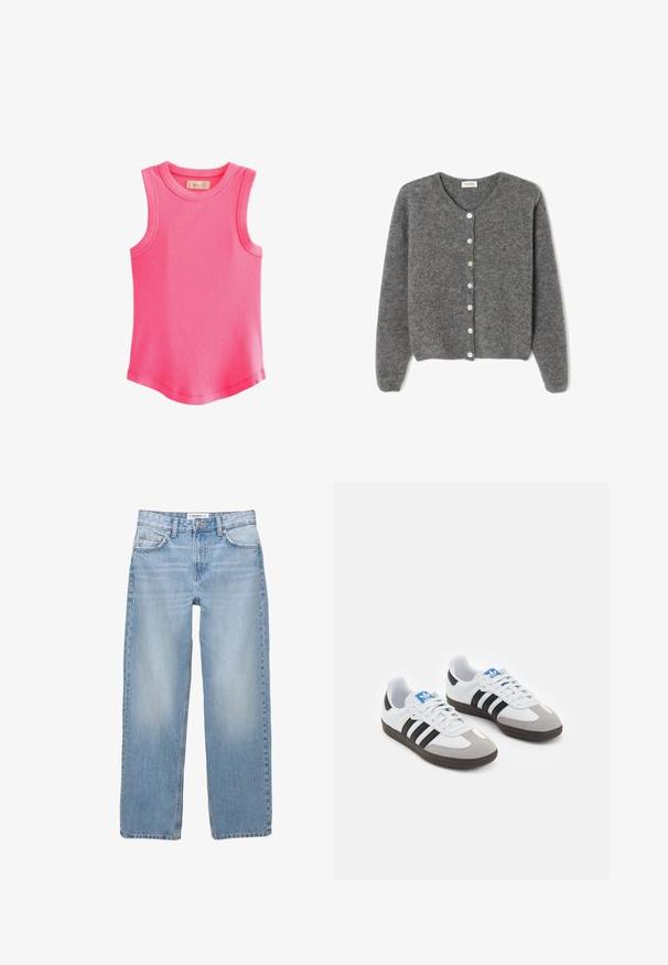 Grå uld cardigan med rund hals, prydet med syv knapper foran og en blød, tekstureret overflade. Ærmerne er en smule løse.; Next RACER STANDARD - Top - fluro pink; Lyseblå denimbukser med lige ben, fem-pockets stil og synlige syninger. Stofmaterialet har en blød, let falmet tekstur.; Sportsko med en overdel i hvid læder, grå ruskind på tåen og tre sorte striber. Har et blåt logo på tungen og en struktureret gummisål.