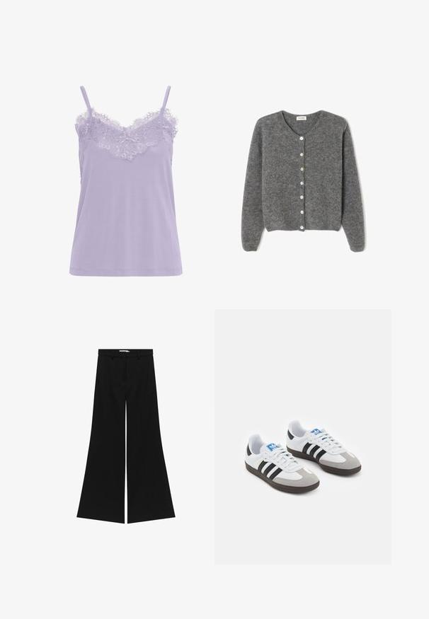 Grau gestrickte Wolle-Cardigan mit rundem Ausschnitt, ausgestattet mit sieben Vorderknöpfen und einer weichen, strukturierten Oberfläche. Die Ärmel sind leicht weit.; Lavendelfarbenes Camisole mit Spitzendetails am Ausschnitt. Verfügt über dünne Träger und eine weiche Stoffoberfläche. Gerade geschnittenes Design, ohne sichtbare Muster.; Schwarze weit geschnittene Hose mit maßgeschneidetem Bund, seitlichen Einschubtaschen und glatter Textur. Verfügt über ein klares, minimalistisches Design.; Sportschuhe mit einem Obermaterial aus weißem Leder, grauer Wildleder-Zehenkappe und drei schwarzen Streifen. Sie verfügen über ein blaues Logo auf der Zunge und eine strukturierte Gummisohle.