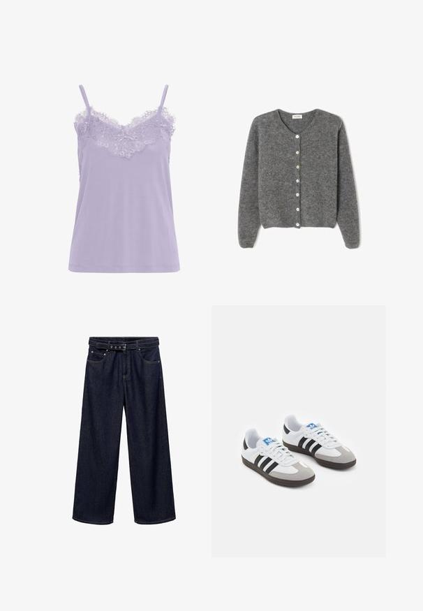 Gray wool cardigan with a round neckline, featuring seven front buttons and a soft, textured finish. Sleeves are slightly loose.; Lavender camisole with lace trim at the neckline. Features thin straps and a soft fabric texture. Straight cut design, no visible patterns.; Dark blue wide-leg jeans made of denim. Features a belted waistband with multiple buttons, front pockets, and a clean finish at the hems.; Sport shoes with a white leather upper, gray suede toe, and three black stripes. Features a blue logo on the tongue and a textured rubber sole.