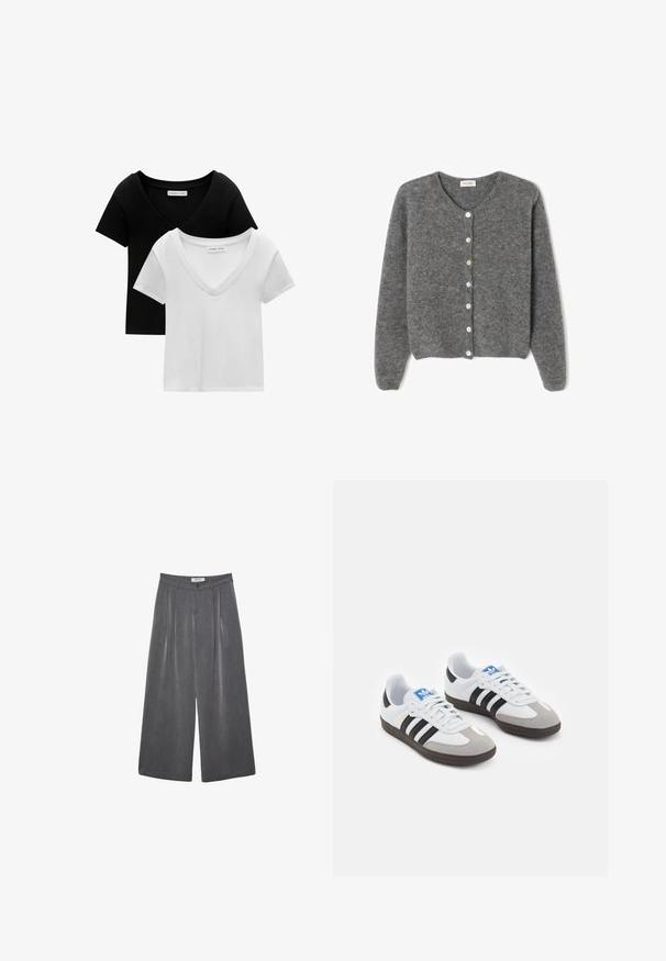 Šedý vlněný kardigan s kulatým výstřihem, který má sedm předních knoflíků a měkký, texturovaný povrch. Rukávy jsou mírně volné.; Balení dvou triček s výstřihem do V v černé a bílé barvě. Krátké rukávy, vyrobeno z měkké bavlněné tkaniny, s prošitým lemem a volným střihem.; Přehnuté kalhoty s širokými nohavicemi v tmavě šedé tkanině s jemnou texturou. Obsahují zapínání na knoflík a klasický design pasu.; Sportovní boty s bílým koženým svrškem, šedou semišovou špičkou a třemi černými pruhy. Obsahují modré logo na jazyku a texturovanou gumovou podrážku.