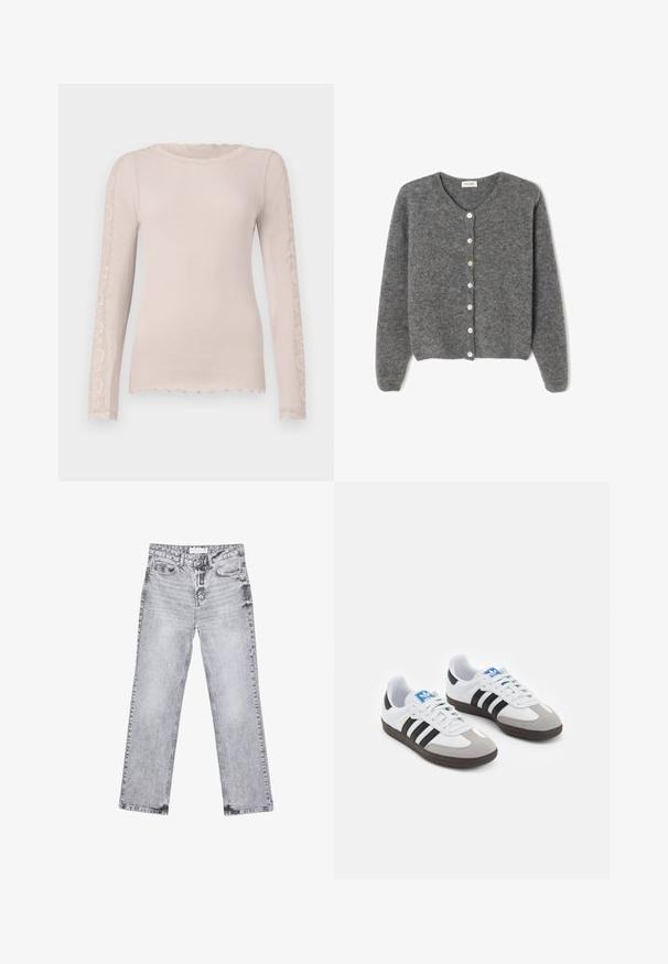 Šedý vlněný kardigan s kulatým výstřihem, který má sedm předních knoflíků a měkký, texturovaný povrch. Rukávy jsou mírně volné.; Dlouhý rukáv, ribovaný top v světle růžové barvě s volánkovým výstřihem. Krajkové detaily se táhnou po rukávech, což přidává texturu a jemnost.; Šedé džíny z denimu se střihy rovnými nohavicemi, s poškozenou úpravou, pěti kapsami a měděnými nýtky. Pasová část obsahuje logo štítek.; Sportovní boty s bílým koženým svrškem, šedou semišovou špičkou a třemi černými pruhy. Obsahují modré logo na jazyku a texturovanou gumovou podrážku.