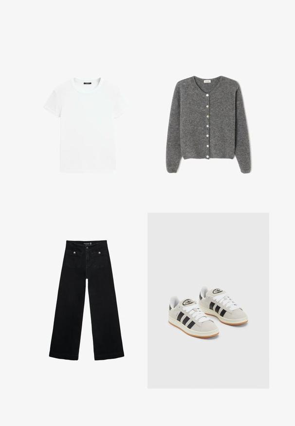 Šedý vlněný kardigan s kulatým výstřihem, který má sedm předních knoflíků a měkký, texturovaný povrch. Rukávy jsou mírně volné.; Bílý krátký rukáv T-shirt vyrobený z měkké bavlny, s kulatým výstřihem a volným střihem se zahnutými detaily. Bez vzorů nebo akcentů.; Černé široké džíny s vysokým pasem, obsahující dvě přední kapsy a kovové knoflíkové detaily. Látka má hladkou texturu.; Šedé semišové tenisky s bílými tkaničkami, černými pruhy a bílou gumovou podrážkou. Mají kulaté logo na jazyku a gumovou podrážku.