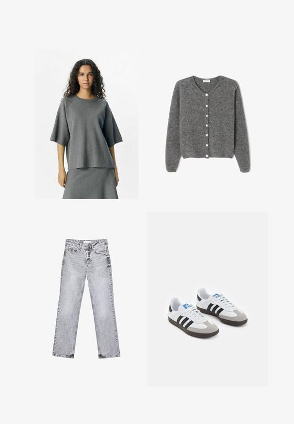 Grau gestrickte Wolle-Cardigan mit rundem Ausschnitt, ausgestattet mit sieben Vorderknöpfen und einer weichen, strukturierten Oberfläche. Die Ärmel sind leicht weit.; Grauer Strickoberteil mit lockerer Passform, Raglanärmeln und rundem Ausschnitt. Das Material hat eine weiche Textur und wird mit einer passenden Unterbekleidung kombiniert.; Graue Jeans aus Denim mit geradem Bein, mit Used-Effekten, fünf Taschen und kupferfarbenen Nieten. Der Bund verfügt über ein Logoshirt.; Sportschuhe mit einem Obermaterial aus weißem Leder, grauer Wildleder-Zehenkappe und drei schwarzen Streifen. Sie verfügen über ein blaues Logo auf der Zunge und eine strukturierte Gummisohle.