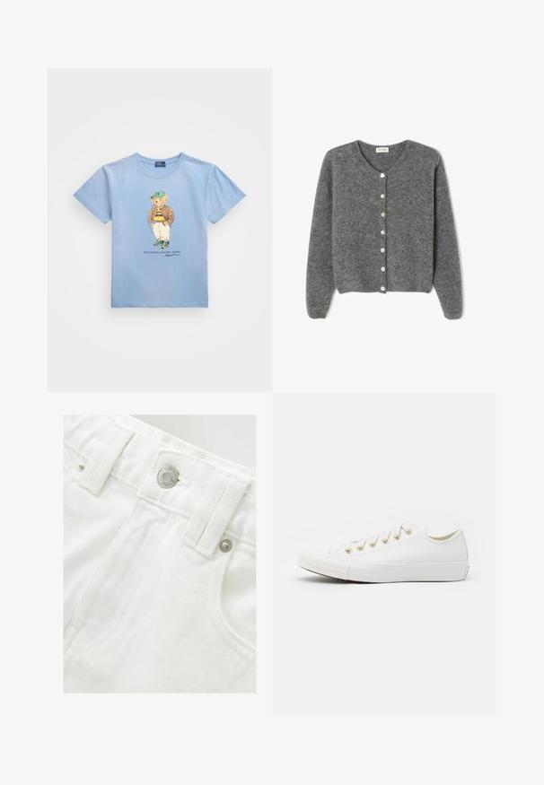 Šedý vlněný kardigan s kulatým výstřihem, který má sedm předních knoflíků a měkký, texturovaný povrch. Rukávy jsou mírně volné.; Polo Ralph Lauren POLO BEAR COTTON JERSEY T-SHIRT - Triko s potiskem - chambray blue; Bílé džínové šortky se strukturovaným pasem, stříbrným knoflíkem a texturovanou tkaninou. Obsahují přední kapsy a úhledné švy.; Converse CHUCK TAYLOR ALL STAR - Tenisky - vintage white/light gold