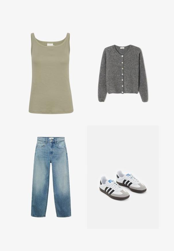 Grau gestrickte Wolle-Cardigan mit rundem Ausschnitt, ausgestattet mit sieben Vorderknöpfen und einer weichen, strukturierten Oberfläche. Die Ärmel sind leicht weit.; Olivegrünes Baumwoll-Top mit Rundhalsausschnitt, schlanker Passform und ohne sichtbare Muster. Glatte Textur, mit geradem Saumabschluss.; Helle blaue Denim-Jeans im weiten Schnitt mit hoher Taille, fünf Taschen und einem Knopfverschluss. Ausgebleichtes Muster am unteren Ende.; Sportschuhe mit einem Obermaterial aus weißem Leder, grauer Wildleder-Zehenkappe und drei schwarzen Streifen. Sie verfügen über ein blaues Logo auf der Zunge und eine strukturierte Gummisohle.