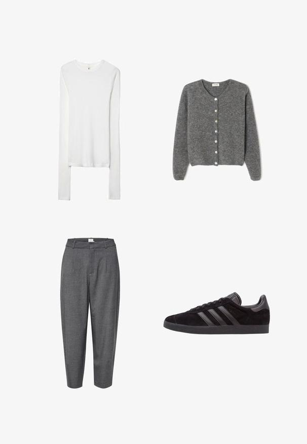 Sivi vuneni kardigan s okruglim izrezom, sa sedam prednjih dugmadi i mekim, teksturiranim završetkom. Rukavi su blago široki.; Bijela majica dugih rukava napravljena od mekanog, rastezljivog materijala. Ima okrugli izrez i prilagođene rukave s jednostavnom, glatkom teksturom.; Sivi, suženi hlače od teksturirane tkanine; imaju nabori i glatki pojas s skrivenim zatvaračem.; Crne suede tenisice s teksturiranim gumenim đonom, sa tri crne kožne pruge, zaobljenim vrhom i podstavljenim ovratnikom za gležanj.