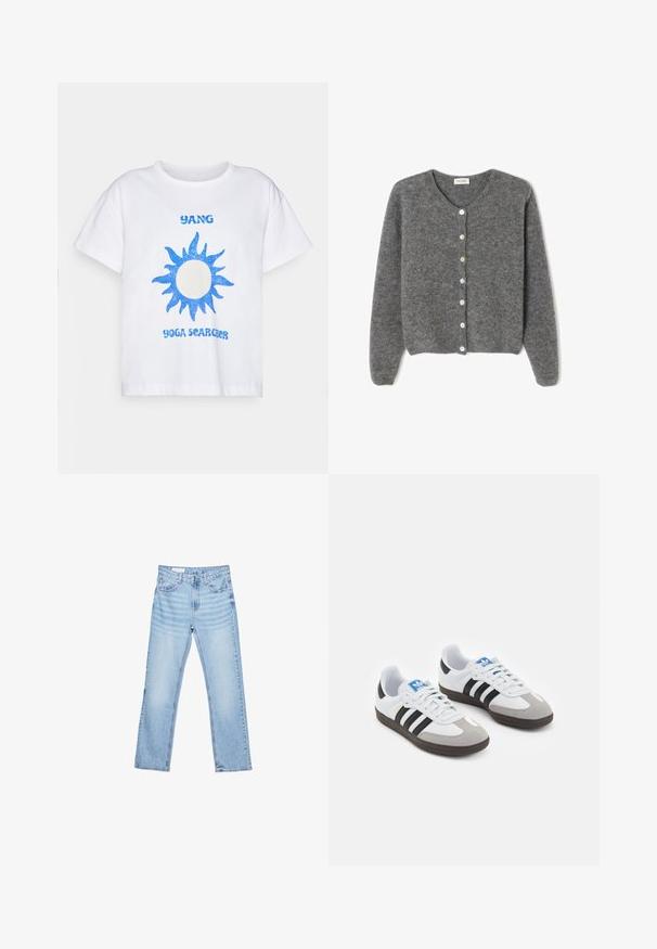 Sivkasta volnenega kardigana z okroglim izrezom, ki ima sedem sprednjih gumbov in mehak, teksturiran zaključek. Rokavi so nekoliko ohlapni.; Bela bombažna majica s pikčastim grafikom sonca v modrih bleščicah in besedilom "YANG YOGA SEARCHER" v modri pisavi. Kratki rokavi in sproščen kroj.; Svetlo modri kavbojki s ravnim krojem, petimi žepi in vidnimi šivi. Srednje visok pas z klasik gumbom in zadrgo.; Športni čevlji z belim usnjenim zgornjim delom, sivim semišem na prstih in tremi črnimi črtami. Imajo modro logo na jeziku in teksturiran gumijast podplat.