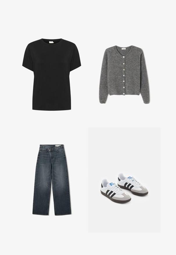Grau gestrickte Wolle-Cardigan mit rundem Ausschnitt, ausgestattet mit sieben Vorderknöpfen und einer weichen, strukturierten Oberfläche. Die Ärmel sind leicht weit.; Schwarzes Baumwoll-T-Shirt mit Rundhalsausschnitt und kurzen Ärmeln. Der Stoff hat eine glatte Textur und eine lockere Passform, ohne sichtbare Muster.; Dunkel waschjeans mit weitem Bein, hoher Taille, fünf Taschen und dezenten Abnutzungen an der Vorderseite.; Sportschuhe mit einem Obermaterial aus weißem Leder, grauer Wildleder-Zehenkappe und drei schwarzen Streifen. Sie verfügen über ein blaues Logo auf der Zunge und eine strukturierte Gummisohle.