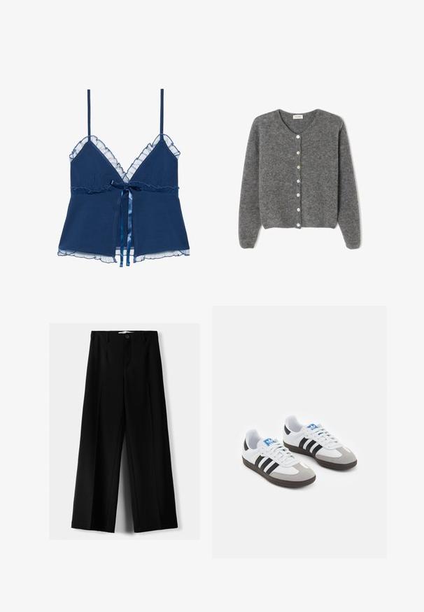 Harmaa villaneule, jossa on pyöreä kaula-aukko, seitsemällä etunapilla ja pehmeällä, teksturoidulla pinnalla. Hihat ovat hieman löysät.; Tummaa sininen toppi ohuilla olkaimilla, jossa on röyhelöitä läpikuultavan pitsin reunuksessa kauluksessa ja helmoissa, sekä satiininen nauhasolmu vyötäröllä.; Mustat leveälahkeiset housut, jotka on valmistettu kevyestä kankaasta. Housuissa on etunappikiinnitys ja tasainen etuosa, sekä huolellisesti ommellut helmat.; Urheilukengät, joissa on valkoinen nahkainen päällinen, harmaa mokkanokka ja kolme mustaa raitaa. Ominaisuuksina sininen logo kielekkeessä ja kuvioitu kumipohja.