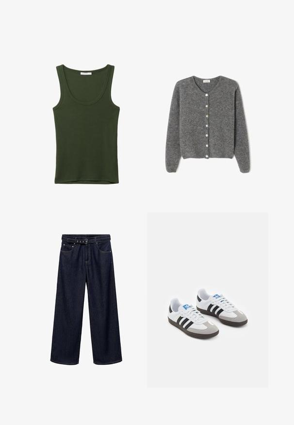 Gray wool cardigan with a round neckline, featuring seven front buttons and a soft, textured finish. Sleeves are slightly loose.; Olive green tank top in soft, stretch fabric. Features a round neckline and wide straps, with a straight hem at the bottom. No patterns or accents.; Dark blue wide-leg jeans made of denim. Features a belted waistband with multiple buttons, front pockets, and a clean finish at the hems.; Sport shoes with a white leather upper, gray suede toe, and three black stripes. Features a blue logo on the tongue and a textured rubber sole.
