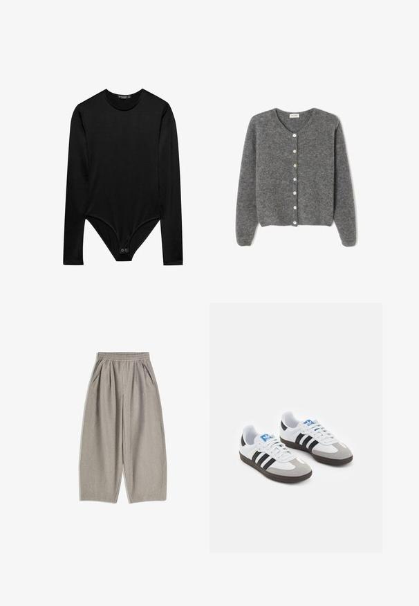 Gray wool cardigan with a round neckline, featuring seven front buttons and a soft, textured finish. Sleeves are slightly loose.; Black long-sleeve bodysuit made of smooth fabric, featuring a round neckline and a snap closure at the bottom for secure fit.; Gray, wide-leg pants made of soft fabric, featuring an elastic waistband and two side pockets, with a clean, minimalist design.; Sport shoes with a white leather upper, gray suede toe, and three black stripes. Features a blue logo on the tongue and a textured rubber sole.
