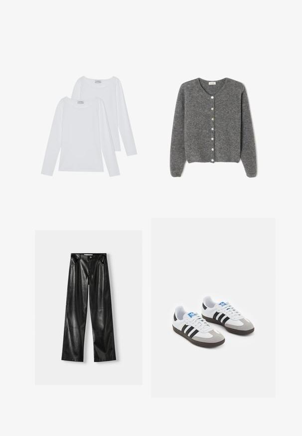 Cardigan grigio in lana con scollo rotondo, caratterizzato da sette bottoni frontali e una finitura morbida e testurizzata. Le maniche sono leggermente ampie.; Due magliette a maniche lunghe bianche, con scolli rotondi e tessuto morbido, caratterizzate da cuciture minime e linee pulite per un aspetto versatile.; Pantaloni larghi in pelle nera con una texture lucida, dotati di due tasche frontali, chiusura con bottone e dettagli delle cuciture ben visibili.; Scarpe sportive con tomaia in pelle bianca, punta in suede grigia e tre strisce nere. Presentano un logo blu sulla linguetta e una suola in gomma testurizzata.