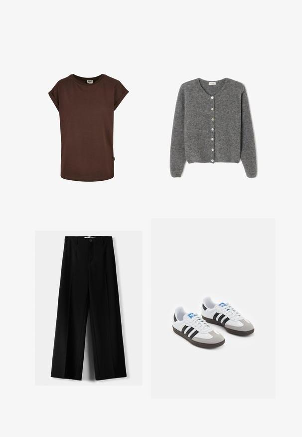 Sivý vlnený kardigán s okrúhlym výstrihom, s vydaním sedem predných gombíkov a jemným, textúrovaným povrchom. Rukávy sú mierne voľné.; Hnedé bavlnené tričko s krátkymi rolovanými rukávmi, okrúhlym výstrihom a voľným strihom. Obsahuje malú nálepku na bočnej šve.; Čierne široké nohavice z ľahkého materiálu, s predným zapínaním na gombík a plochým predným dielom, s pekne ušitými lemami.; Športové topánky s bielym koženým zvrškom, šedou semišovou špičkou a tromi čiernymi pruhmi. Obsahujú modré logo na jazyku a štruktúrovanú gumovú podrážku.