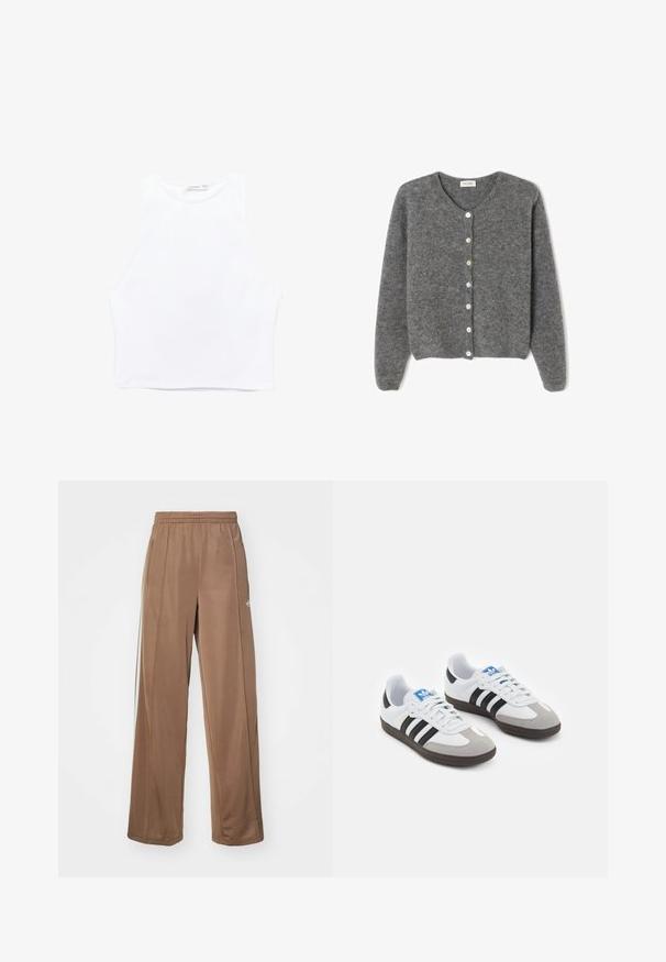 Gray wool cardigan with a round neckline, featuring seven front buttons and a soft, textured finish. Sleeves are slightly loose.; White cropped tank top made of smooth fabric. Features wide armholes, a round neckline, and clean edges with no visible patterns or embellishments.; Brown athletic pants made of soft fabric, featuring an elastic waistband, side pockets, and white logo accents on the left hip.; Sport shoes with a white leather upper, gray suede toe, and three black stripes. Features a blue logo on the tongue and a textured rubber sole.