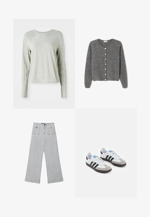 Grau gestrickte Wolle-Cardigan mit rundem Ausschnitt, ausgestattet mit sieben Vorderknöpfen und einer weichen, strukturierten Oberfläche. Die Ärmel sind leicht weit.; Helles graues Langarmshirt aus weichem Stoff, mit einem runden Halsausschnitt und lockerem Schnitt. Nahtdetails an den Seiten.; Weite Beinhosen aus hellgrauem Denim mit zwei vorderen Taschen, Metallknopfverschluss und einem sauberen Finish mit umgenähten Kanten.; Sportschuhe mit einem Obermaterial aus weißem Leder, grauer Wildleder-Zehenkappe und drei schwarzen Streifen. Sie verfügen über ein blaues Logo auf der Zunge und eine strukturierte Gummisohle.