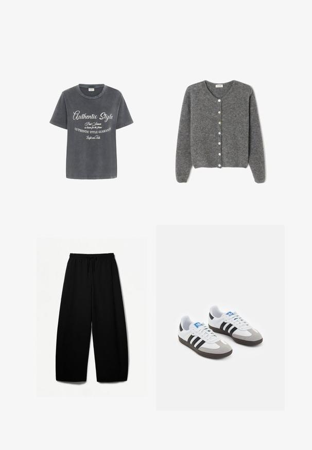Sivi vuneni kardigan s okruglim izrezom, sa sedam prednjih dugmadi i mekim, teksturiranim završetkom. Rukavi su blago široki.; Kaffe VIA  - Majica kratkih rukava s printom - black acid wash w chalk aop; Crne hlače širokih nogavica s elastičnom trakom za struk i vezicom. Mekani materijal s glatkom teksturom. Ravnog kroja s bočnim šavovima.; Sportske cipele s gornjištem od bijele kože, sivi suedinasti nos i tri crne pruge. Imaju plavi logo na jeziku i teksturiranu gumenu podlogu.