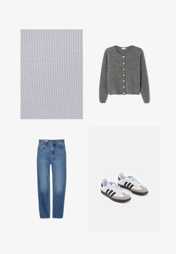 Harmaa villaneule, jossa on pyöreä kaula-aukko, seitsemällä etunapilla ja pehmeällä, teksturoidulla pinnalla. Hihat ovat hieman löysät.; Vaaleanpuhdas kangas, jossa on ohuet pystysuorat raidat. Kangas on pehmeä ja sileä, mikä tekee siitä sopivan vaatteisiin tai verhoilukäyttöön.; Siniset farkut suoralla lahkeella, joissa on viisi taskua ja korkea vyötärö. Ominaisuuksina vaalea haalistuminen ja kontrastiväriset tikkaus.; Urheilukengät, joissa on valkoinen nahkainen päällinen, harmaa mokkanokka ja kolme mustaa raitaa. Ominaisuuksina sininen logo kielekkeessä ja kuvioitu kumipohja.