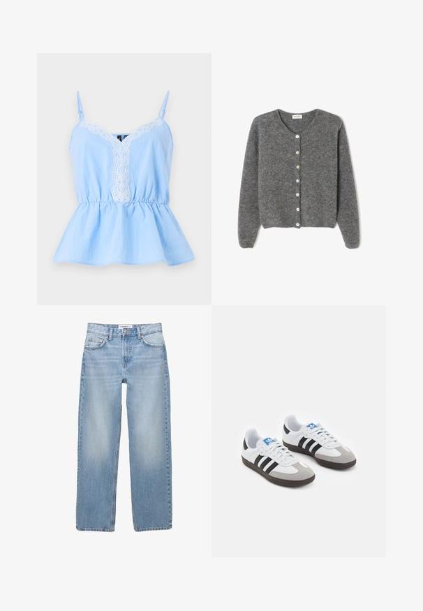 Šedý vlněný kardigan s kulatým výstřihem, který má sedm předních knoflíků a měkký, texturovaný povrch. Rukávy jsou mírně volné.; Světle modrý top bez rukávů s výstřihem do V, s bílými výšivkami na přední straně a elastickým pasem pro rozšířený siluetu.; Světle modré denimové džíny se střihnutím rovného nohavice, v pěti kapsách a viditelnými švy. Materiál je měkký a má jemně vybledlý vzhled.; Sportovní boty s bílým koženým svrškem, šedou semišovou špičkou a třemi černými pruhy. Obsahují modré logo na jazyku a texturovanou gumovou podrážku.