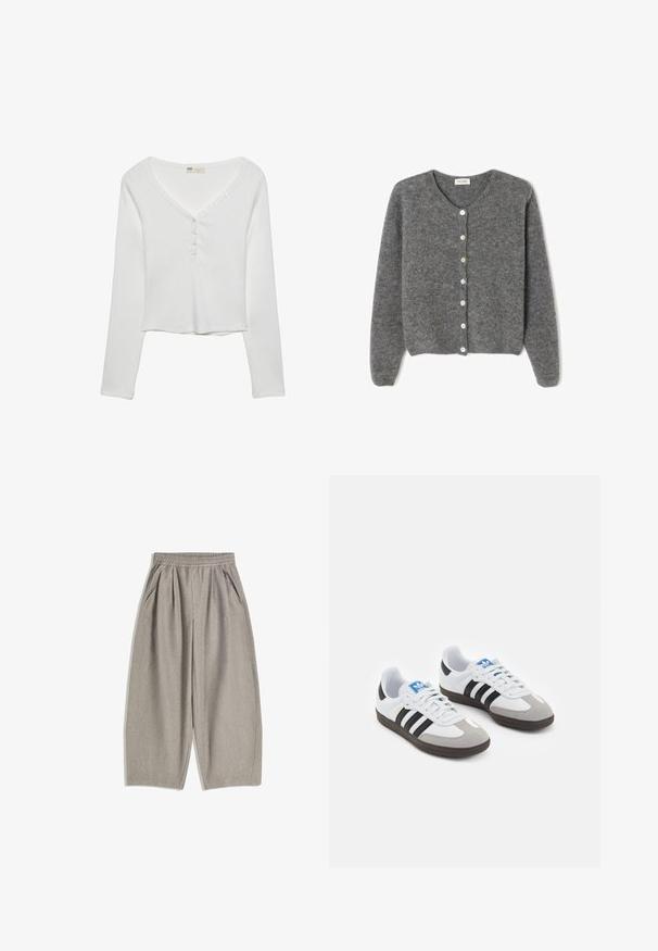 Cardigan en laine grise avec un col rond, comportant sept boutons sur le devant et une finition douce et texturée. Les manches sont légèrement amples.; Un haut blanc à manches longues avec un col en V, présentant des détails de boutons et une texture côtelée, conçu pour un ajustement décontracté.; Pantalons gris à jambe large en tissu doux, dotés d'une ceinture élastique et de deux poches latérales, avec un design épuré et minimaliste.; Baskets avec une tige en cuir blanc, un bout en daim gris et trois bandes noires. Présente un logo bleu sur la languette et une semelle en caoutchouc texturée.