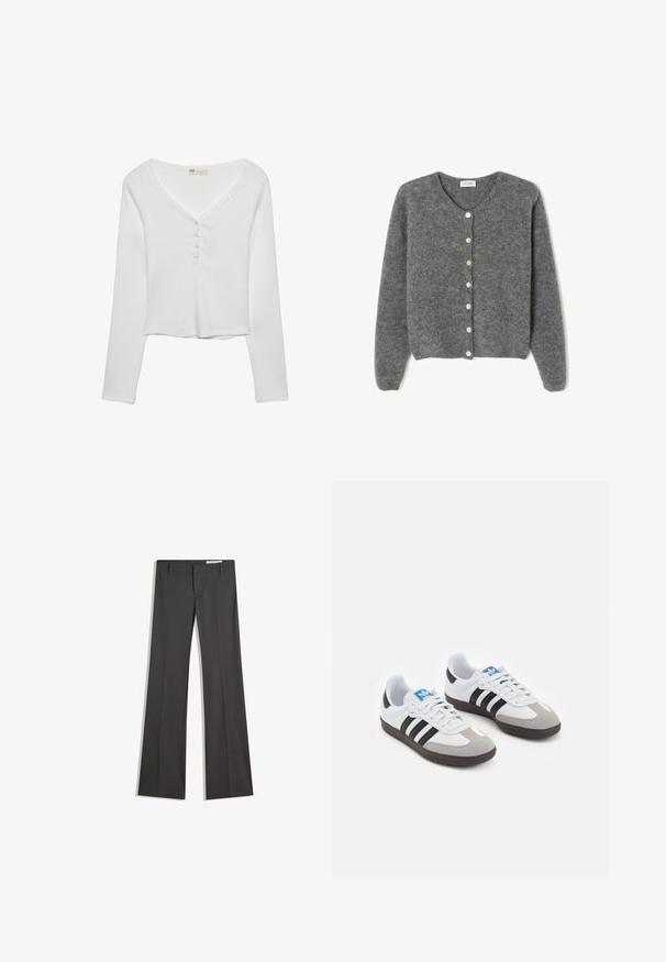 Cardigan grigio in lana con scollo rotondo, caratterizzato da sette bottoni frontali e una finitura morbida e testurizzata. Le maniche sono leggermente ampie.; Top bianco a maniche lunghe con scollatura a V, dotato di dettagli con bottoni e una texture a coste, progettato per una vestibilità comoda.; Pantaloni grigi a campana in un tessuto morbido, con vita piatta, passanti per la cintura e un design su misura con linee pulite.; Scarpe sportive con tomaia in pelle bianca, punta in suede grigia e tre strisce nere. Presentano un logo blu sulla linguetta e una suola in gomma testurizzata.