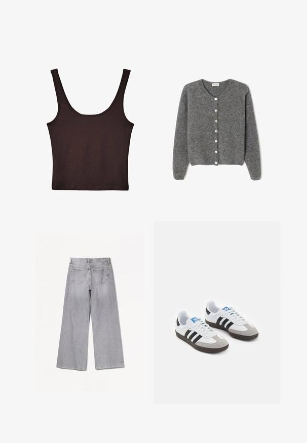 Sivkasta volnenega kardigana z okroglim izrezom, ki ima sedem sprednjih gumbov in mehak, teksturiran zaključek. Rokavi so nekoliko ohlapni.; Temno rjav rebrast top z širokimi naramnicami in prilegnjenim krojem. Tkanina je mehka z gladko teksturo in ima krajšo dolžino.; Bershka WIDE-LEG - Široke hlačnice - grey; Športni čevlji z belim usnjenim zgornjim delom, sivim semišem na prstih in tremi črnimi črtami. Imajo modro logo na jeziku in teksturiran gumijast podplat.