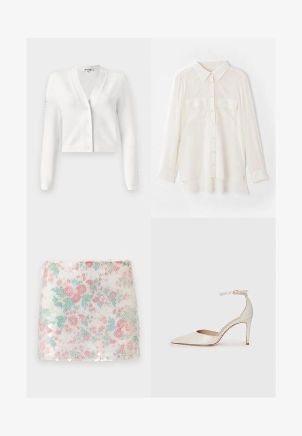 Baltas trumpas kardiganas su V formos iškirpte, sagomis priekyje ir raukiniais su skylučių detalėmis rankovėse. Minkšta medžiaga su lygiu tekstūru.; Balta marškinėlių su mygtukais, pagaminti iš lengvos medžiagos. Turi klasikinį apykaklę, dvi krūtinės kišenes ir šiek tiek ilgesnį nugaros kraštą.; Gėlėmis raštuotas baltas audinys su pastelinių rožinių ir žalių gėlių motyvais, turintis faktūrinį paviršių ir subtilius blizgučius apatinėje kraštinėje.; Balti odiniai aukštakulniai batai su smailiu priekiniu galu, kulkšnies dirželiu ir siauru stiletu. Lygi tekstūra su subtiliu blizgiu paviršiumi.