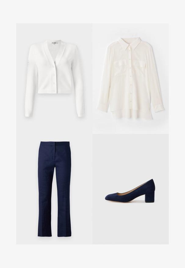 White cropped cardigan featuring a V-neck, button front, and ribbed sleeves with hole detailing. Soft fabric with a smooth texture.; White button-up shirt made of lightweight fabric. Features a classic collar, two chest pockets, and a slightly longer back hem.; Navy blue tailored trousers made of a smooth fabric, featuring a straight leg design, front pleats, and a fitted waistband.; Navy blue suede pump with a pointed toe and a mid-height block heel. Smooth texture with a subtle sheen and a small cutout at the front.