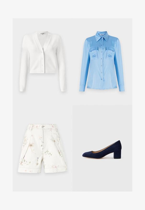 Bela skrajšana kardigan z V-izrezom, sprednjim gumbom in rebrastimi rokavi z luknjicami. Mehka tkanina z gladko teksturo.; Svijetloplava satenasta košulja sa dugim rukavima, dva prednja džepa i šiljastim kragnom. Ima biserne dugmadi i glatku teksturu.; Beli kratki hlače s cvetličnim vzorcem v roza in modri barvi. Narejene so iz bombaža, z bočnimi žepi in z gumbnim zapiranjem. Celovit teksturiran dizajn.; Temno modri nubuk čevlji s koničastim nosom in srednje visokim blokom. Gladka tekstura z diskretnim sijajem in majhnim izrezom spredaj.