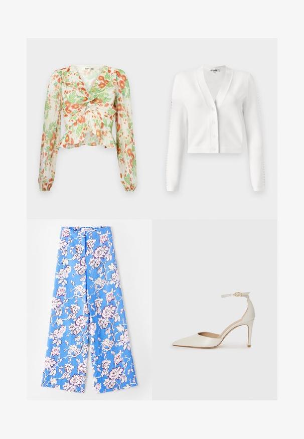 Cardigan bianco a cropped con scollatura a V, chiusura a bottoni e maniche a coste con dettagli forati. Tessuto morbido con una texture liscia.; Diane von Furstenberg MARY - Camicia - marlene batik ivory; Pantaloni floreali blu con un motivo di rose pastello. Il tessuto è morbido e ha una vestibilità comoda, gambe larghe e una cintura elastica.; Scarpa col tacco alto in pelle bianca con punta affusolata, cinturino alla caviglia e tacco a stiletto sottile. Texture liscia con una finitura leggermente lucida.