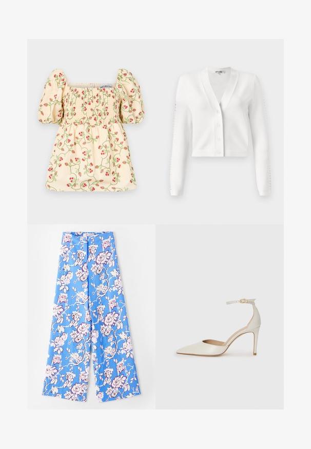 Weiße verkürzte Strickjacke mit V-Ausschnitt, Knopfleiste und gerippten Ärmeln mit Lochdetails. Weicher Stoff mit glatter Textur.; Cremefarbene Bluse mit Puffärmeln, ausgestattet mit smockierten Details und floralen Stickereien von roten Erdbeeren und grünen Ranken.; Blaue Blumenhose mit einem pastellfarbenen Rosenmuster. Der Stoff ist glatt mit einer lockeren Passform, weiten Beinen und einem elastischen Bund.; Weiße Leder-Pumps mit spitz zulaufender Zehe, Knöchelriemen und schlanker Stiletto-Absatz. Glatte Oberfläche mit dezent glänzendem Finish.