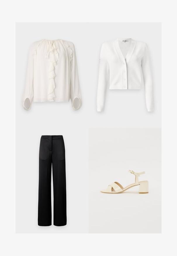 White cropped cardigan featuring a V-neck, button front, and ribbed sleeves with hole detailing. Soft fabric with a smooth texture.; White, long-sleeved blouse with a ruffled neckline and cuffs. Soft, lightweight fabric with gathered detailing at the shoulders and sleeves.; Wide-leg black trousers with a textured surface, featuring a flat waistband and two side pockets. The fabric appears lightweight and flowing.; Beige patent leather heeled sandals with cross strap design, open toe, adjustable ankle strap, and a block heel. Smooth texture.