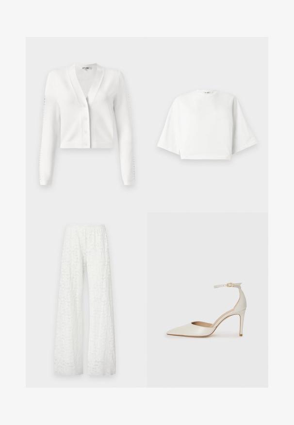 Witte cropped cardigan met een V-hals, knoopsluiting aan de voorkant en ribgebreide mouwen met uitsparingen. Zachte stof met een gladde textuur.; Witte, cropped t-shirt met een relaxte pasvorm, korte brede mouwen, ronde halslijn en zijsplitten, gemaakt van zacht katoen.; Witte wijde broek met een elastische tailleband, voorzien van een textuur met een bloemig kantpatroon door de stof.; Witte leren hoge hak schoen met een spitse neus, enkelbandje en een slanke stiletto hiel. Gladde textuur met een subtiele glanzende afwerking.