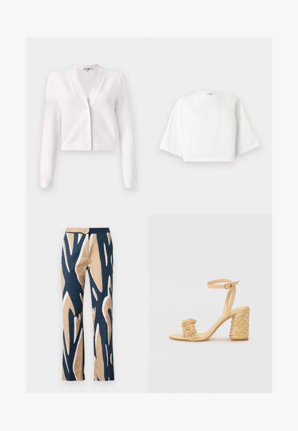 Witte cropped cardigan met een V-hals, knoopsluiting aan de voorkant en ribgebreide mouwen met uitsparingen. Zachte stof met een gladde textuur.; Witte, cropped t-shirt met een relaxte pasvorm, korte brede mouwen, ronde halslijn en zijsplitten, gemaakt van zacht katoen.; Wijde pijpen broek in marineblauw, beige en wit grafisch patroon. Gemaakt van lichtgewicht stof met een gladde textuur en een getailleerde taille.; Beige hoge hak sandaal met een gevlochten textuur, voorzien van een decoratieve bloem en enkelbandje. Vierkante hak zorgt voor stabiliteit.