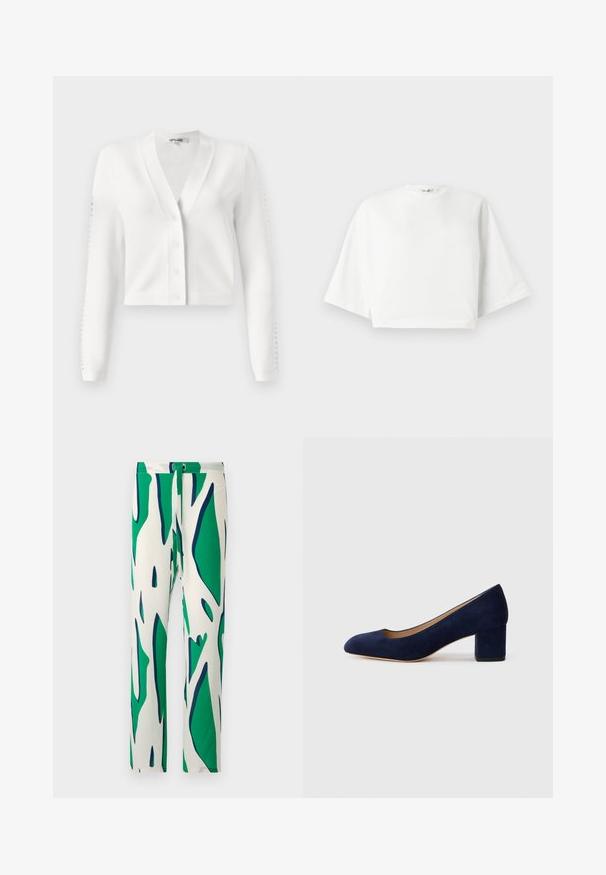 Cardigan court blanc avec un col en V, un bouton sur le devant et des manches à côtes avec des détails en trou. Tissu doux avec une texture lisse.; T-shirt blanc court à coupe décontractée, manches courtes larges, encolure ronde et fentes latérales, fabriqué en coton doux.; Pantalon blanc avec un motif abstrait audacieux en vert et bleu marine. Conçu avec une jambe droite et fermé par un bouton.; Escarpin en daim bleu marine avec un bout pointu et un talon bloc de hauteur intermédiaire. Texture lisse avec un subtil éclat et une petite découpe à l'avant.
