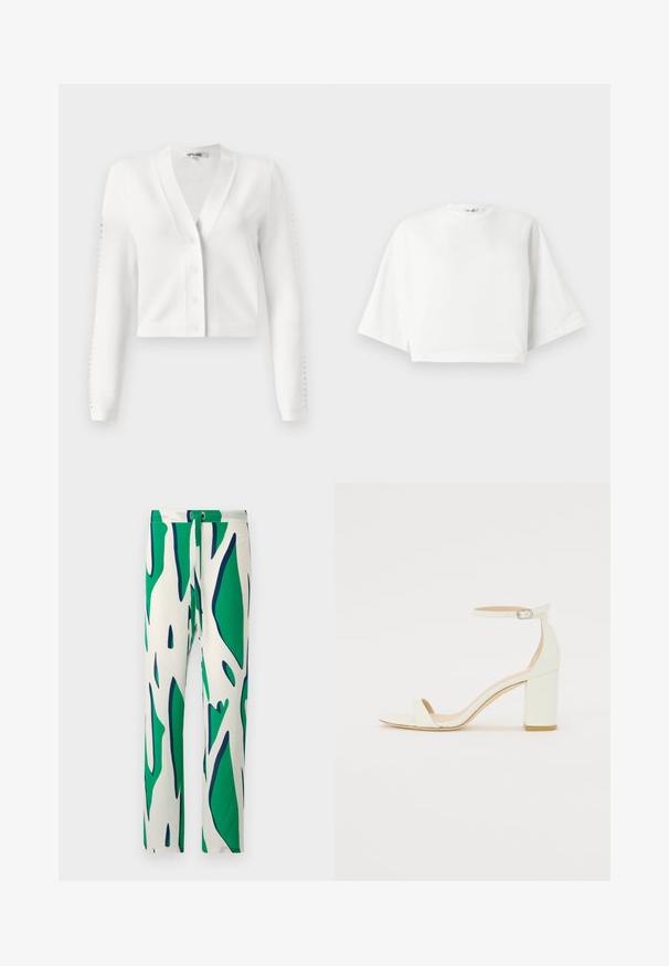 Valkoinen lyhyt neuletakki, jossa on V-pääntie, napitus edessä ja ribbireunat, joissa on reikäyksityiskohtia. Pehmeä kangas, jonka pinta on sileä.; Valkoinen lyhythihainen t-paita, jossa on rento istuvuus, leveät lyhyet hihat, pyöreä pääntie ja sivuhalkiot, valmistettu pehmeästä puuvillamateriaalista.; Valkoiset housut, joissa on rohkea vihreä ja laivastonsininen abstrakti kuvio. Suunniteltu suoraan lahkeeseen ja kiinnitetty napilla.; Valkoiset nahkaiset tukikorkosandaalit, joissa on nilkkahihna soljella ja minimalistinen muotoilu. Avoin varvas ja sileät pinnat koko kengässä.